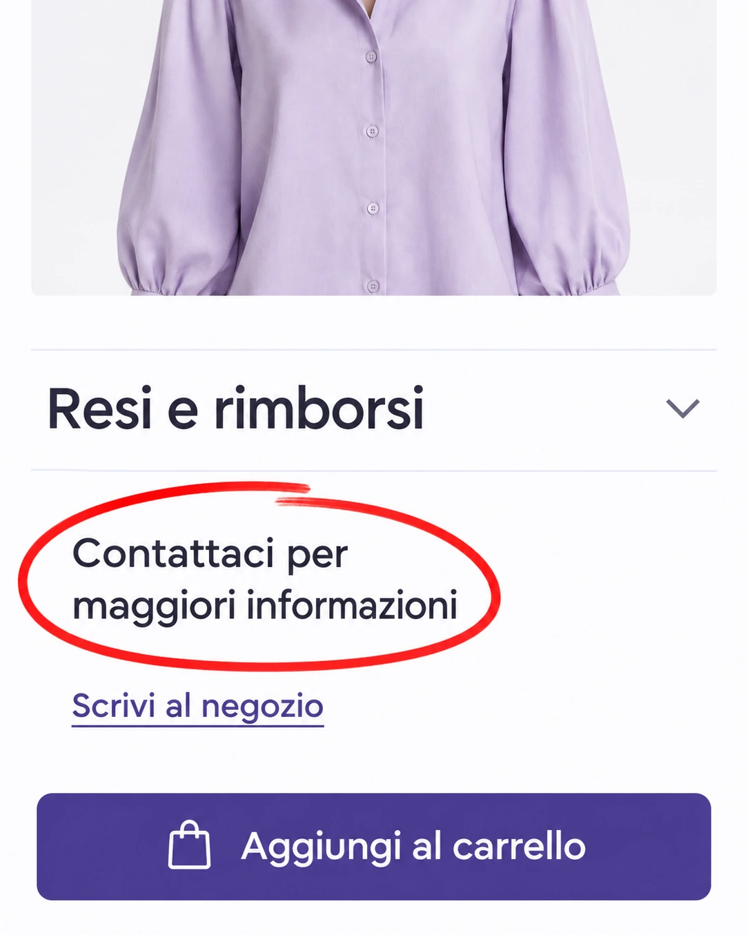 Sezione resi e rimborsi di un ecommerce fashion con informazioni vaghe evidenziate da un cerchio rosso.
