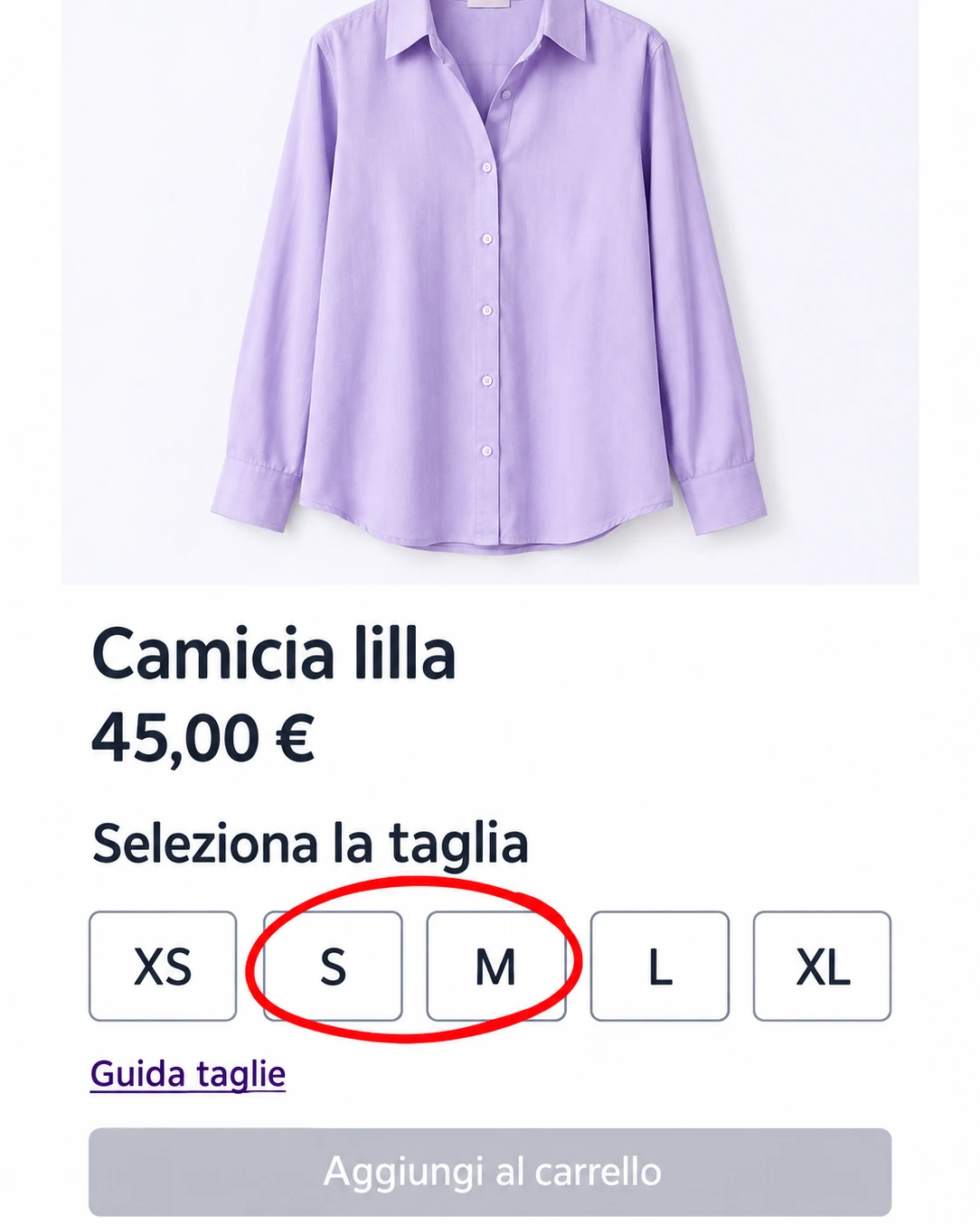 Pagina prodotto di una camicia lilla con il dubbio tra le taglie S e M evidenziato da un cerchio rosso.