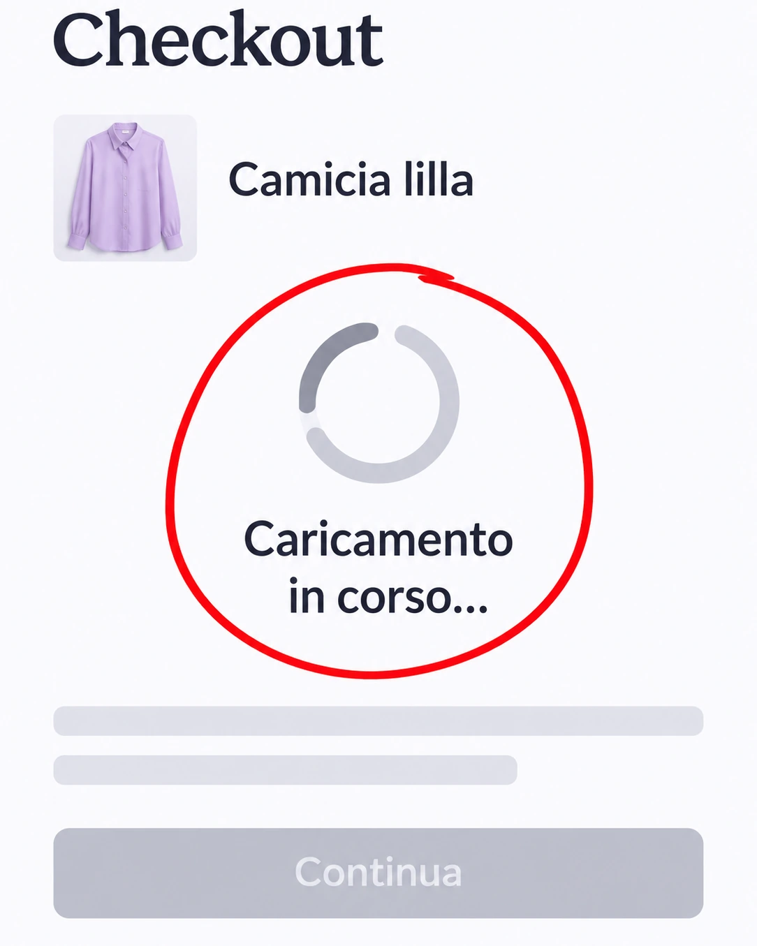 Checkout mobile di un ecommerce fashion bloccato sul caricamento, evidenziato da un cerchio rosso.