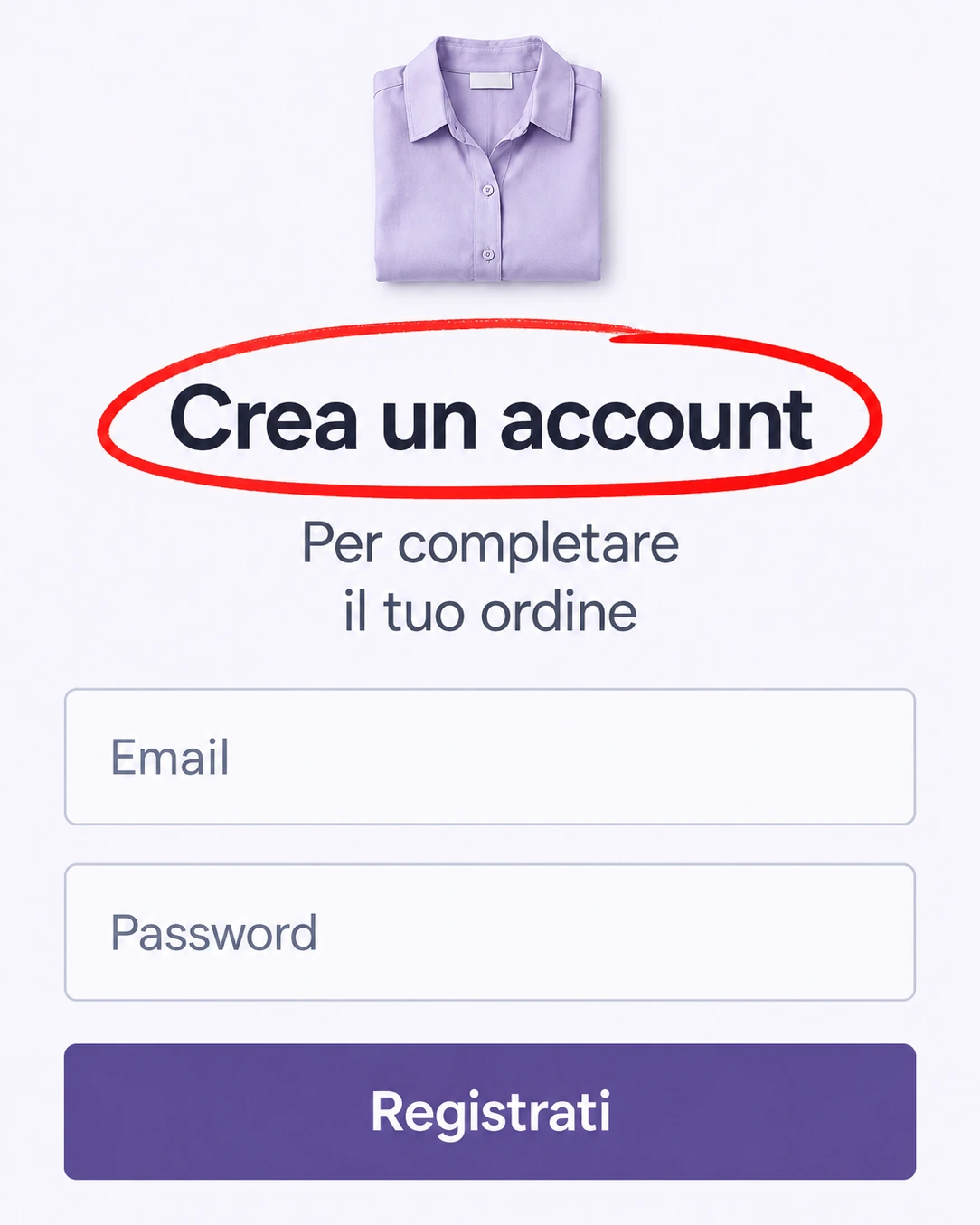 Checkout di un ecommerce fashion con la richiesta obbligatoria di creare un account evidenziata da un cerchio rosso.