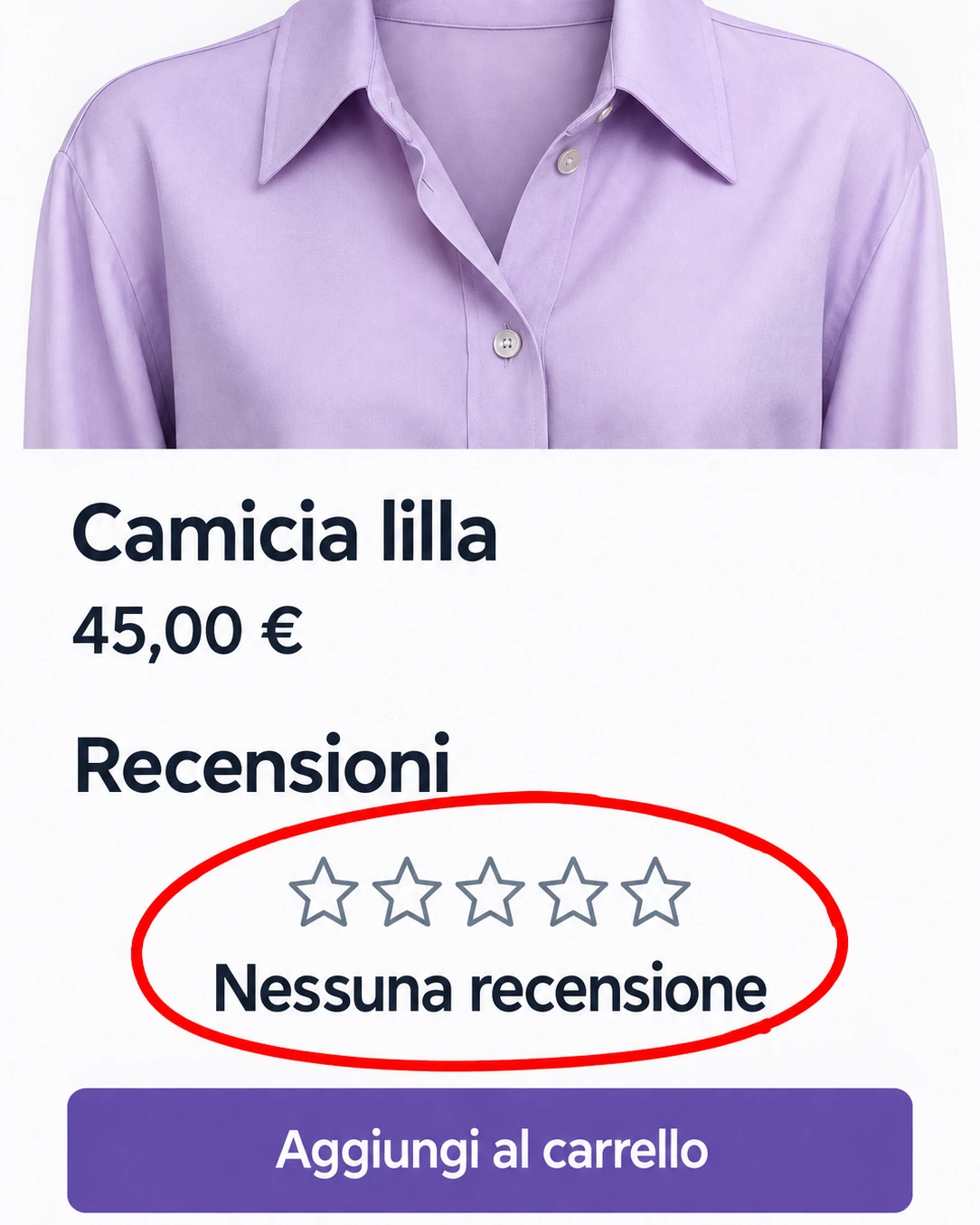 Pagina prodotto di un ecommerce fashion con nessuna recensione disponibile, evidenziata da un cerchio rosso.